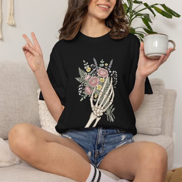 Skeletal Hand Bouquet T-shirt | Floral Skeleton Illustration
